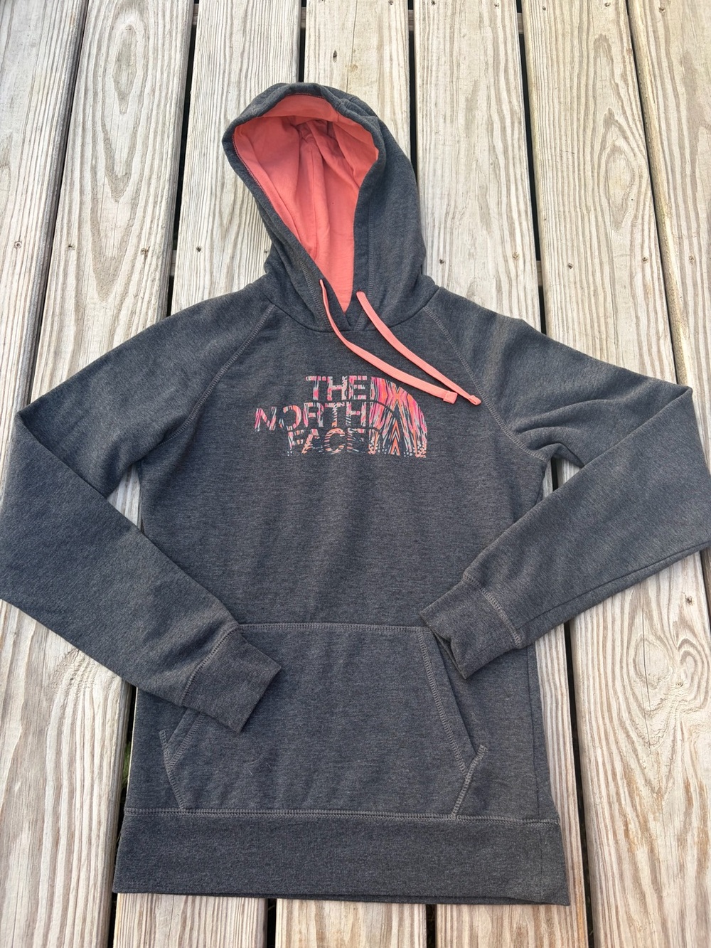 North Face Hoodie Women's Size S/P Grey With Pink Multicolored Writing